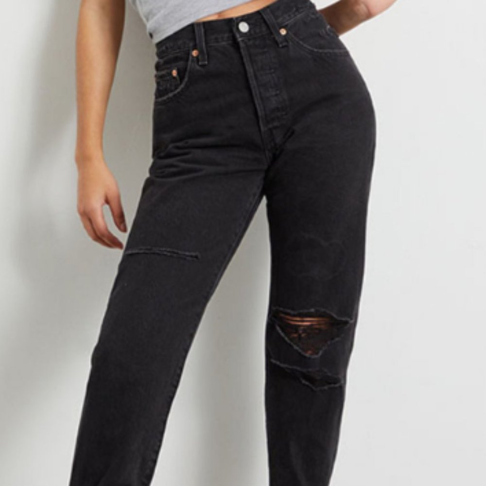 Levi's 501 Black Straight Leg Ripped High Rise Jeans